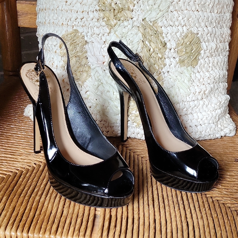 Vince Camuto Lavina black patent leather, platform, stilleto, peep toe heels 9.5